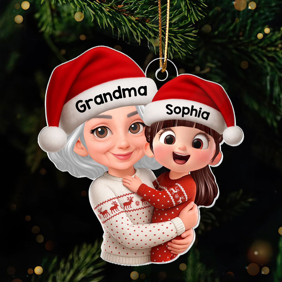 Christmas Joyful Grandma Hugging Grandkid - Personalized Acrylic Ornament - Gift For Grandkid