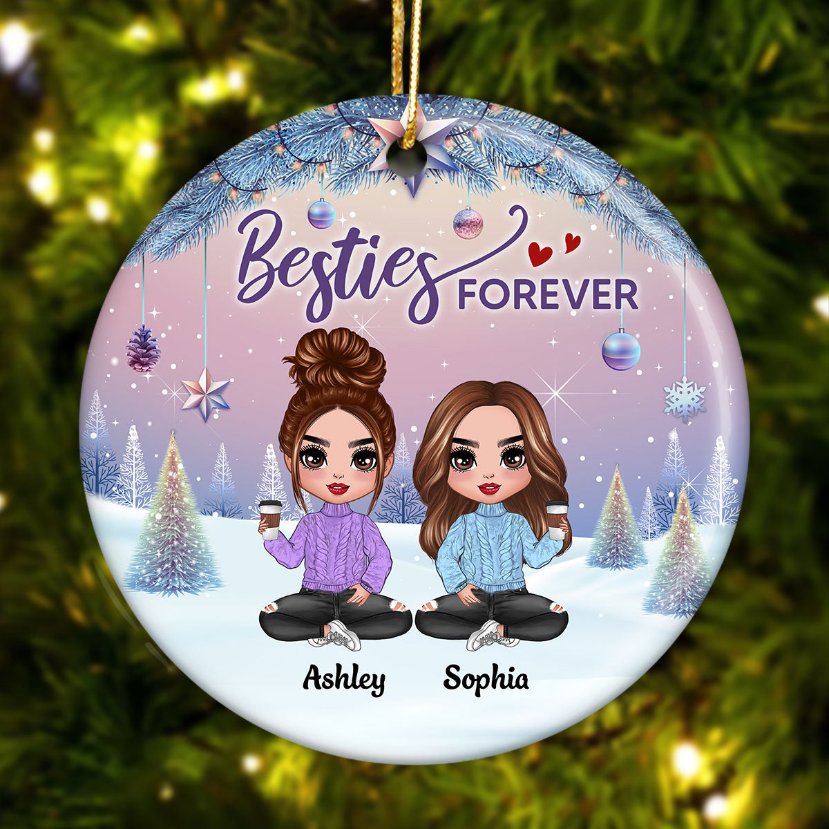 Gradient Background Christmas Besties Sisters Personalized Circle Ornament