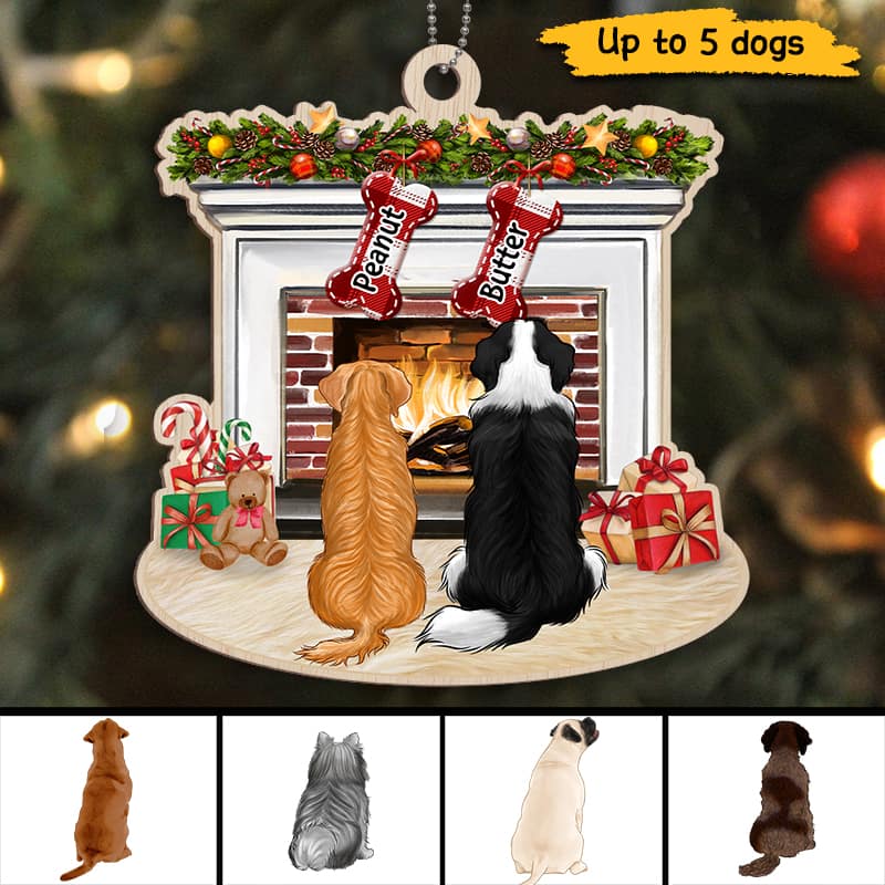 Christmas Dogs At Fireplace Personalized Wooden Ornament