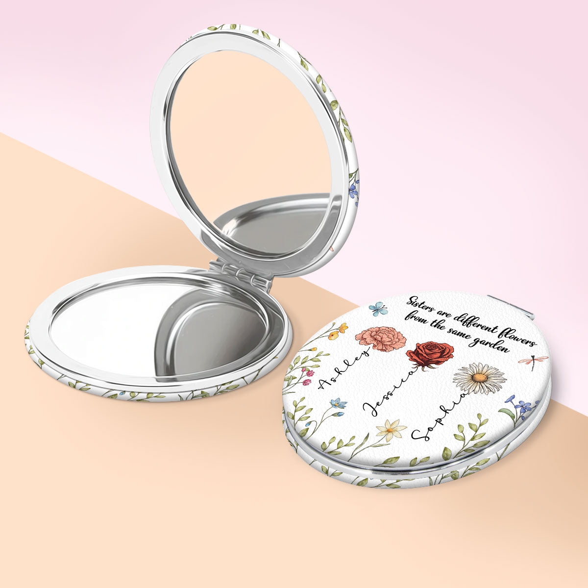 Sisters Are Different Flowers From The Same Garden Personalized Compact Mirror, Birthday, Christmas Gift For Sisters, Siblings, Besties