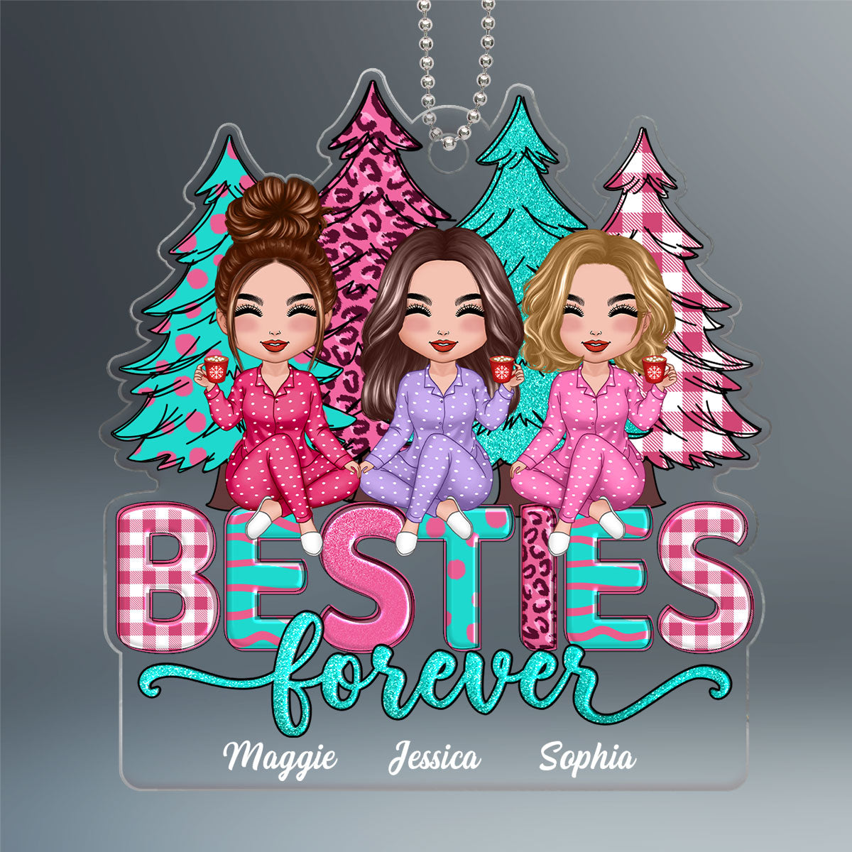 Pink And Teal Christmas Trees Besties Sisters Forever Personalized Acrylic Ornament