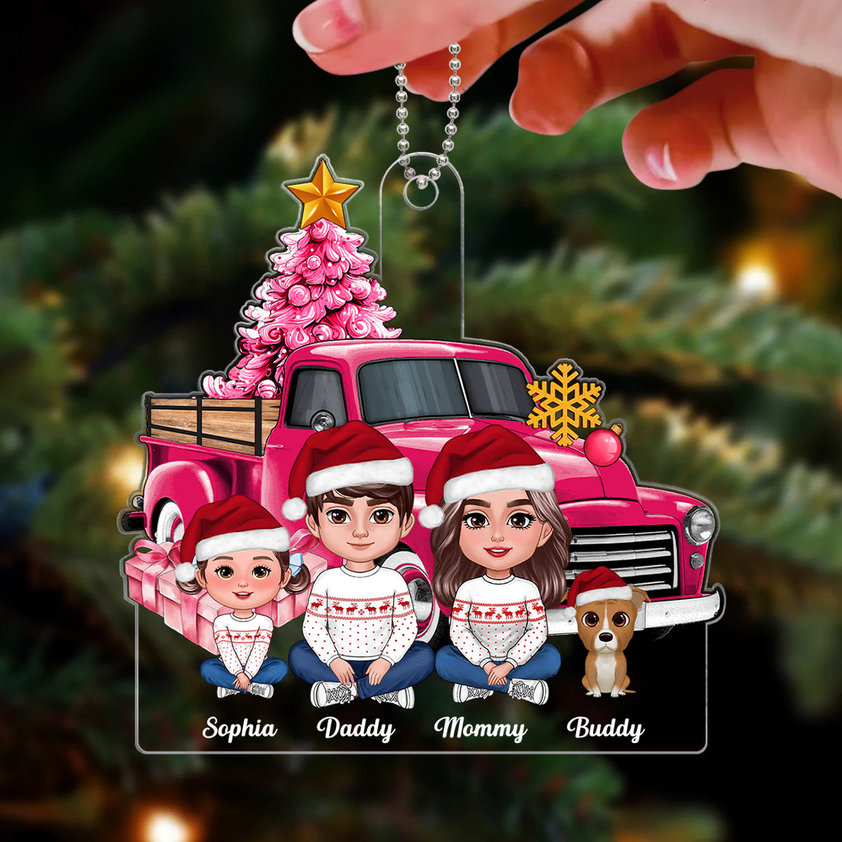 Pink Christmas Truck Family Personalized Acrylic Ornament