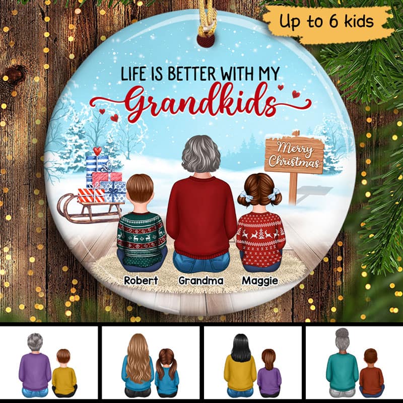 Grandma & Grandkids In Snow Personalized Circle Ornament