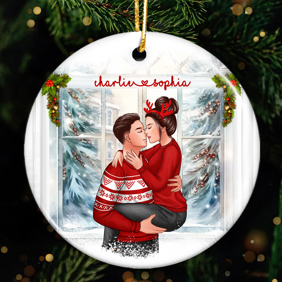 Christmas Couple Holding Kissing Window Personalized Circle Ornament