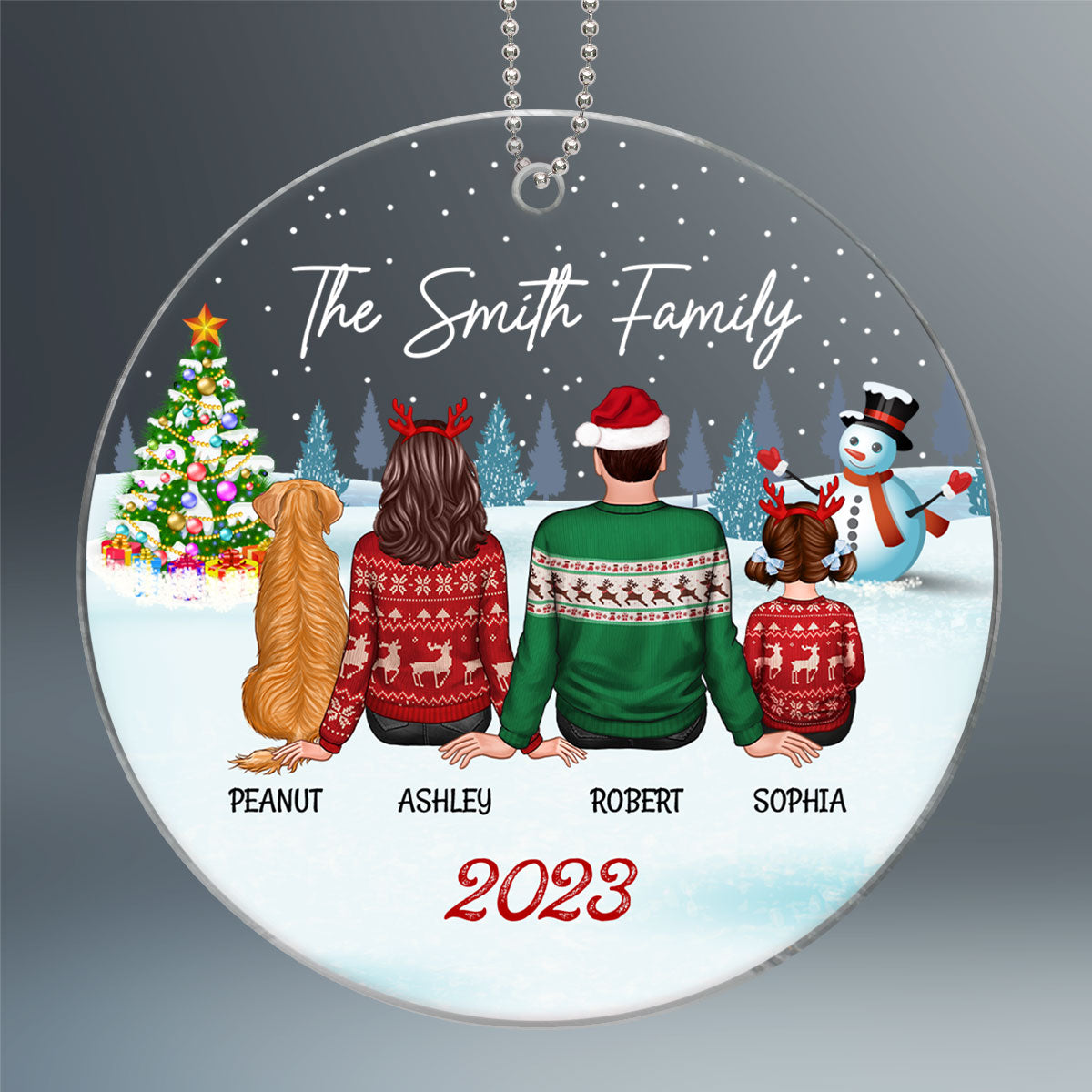 Family Dog Cat Christmas Tree Sitting In Snow Gift For Family Pet Lovers Personalized Acrylic Ornament