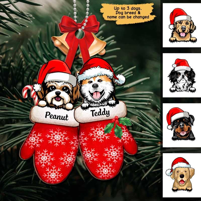 Peeking Dogs On Christmas Gloves Personalized Wooden Ornament