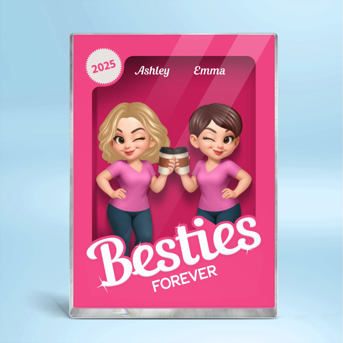 Besties Forever Pink Action Figure 3D Effect - Personalized Acrylic Block Plaque - Gift for Besties, Best Friends