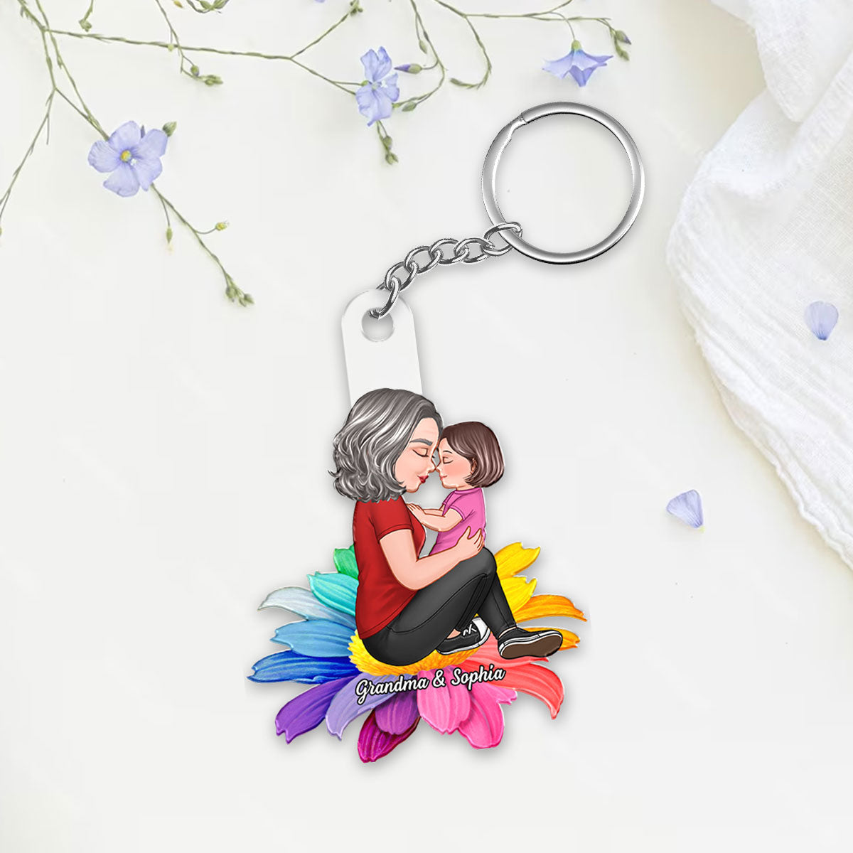 Grandma Mom Kid Sitting On Flower Personalized Acrylic Keychain, Gift For Mom, Gift For Grandma