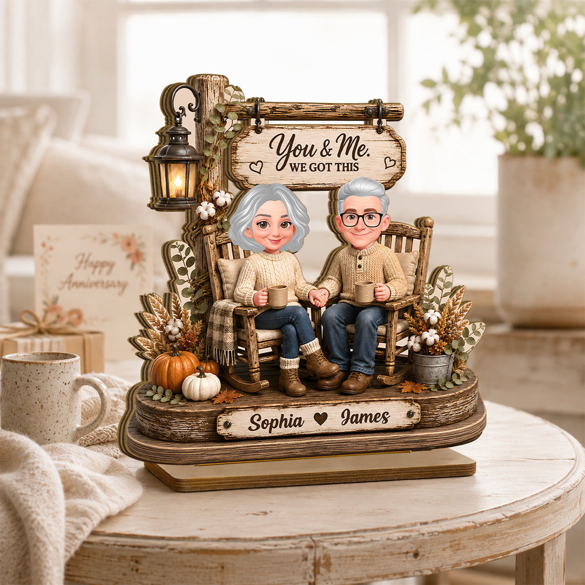 Husband Wife Sitting on Rocking Chair - Personalized 2-Layered Wooden Plaque - Anniversary Gift for Her, for Him