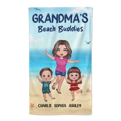 Grandma Mom Beach Buddies Happy Doll Grandma Mom And Kids On The Beach Personalized Beach Towel
