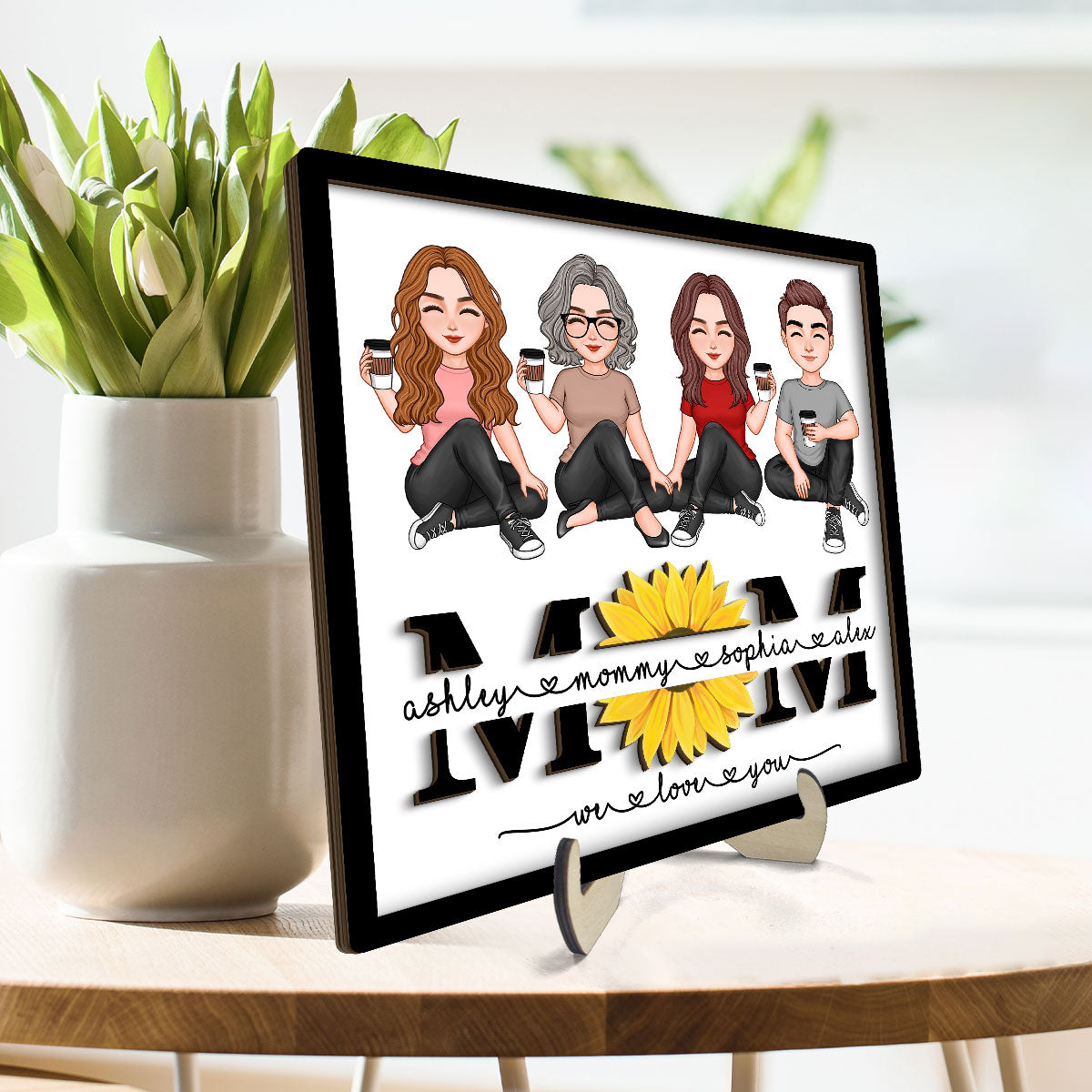 Mom We Love You Sunflower Vector Sitting On Text Personalized 2-layer Wooden Plaque, Gift For Mom