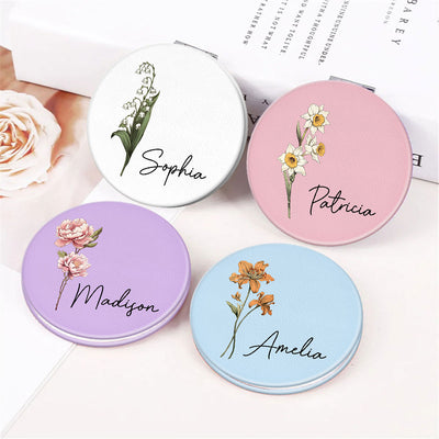 Beautiful Birth Month Flower Personalized Circle Compact Mirror, Birthday Gift