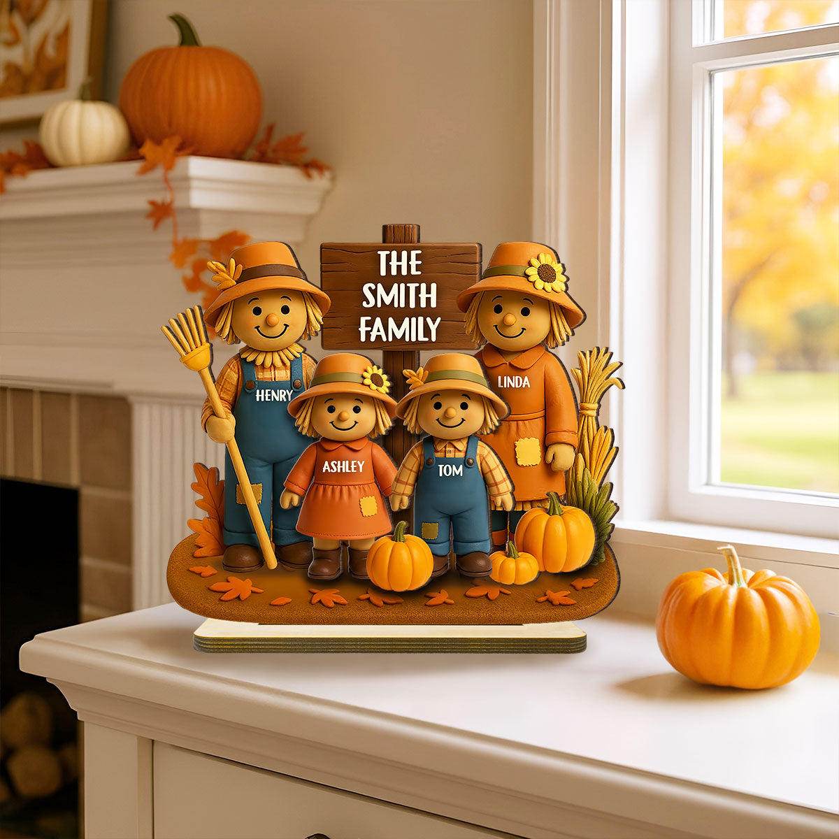 Fall Season Scarecrow Grandparents, Grandkids 3D Effect Personalized 2-Layer Wooden Plaque