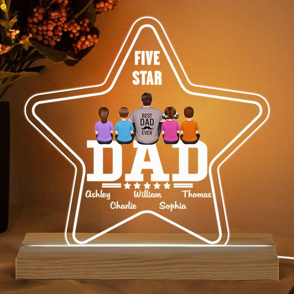 Five - Star Dad Back View Sitting Man Kids Dog Cat Personalized Warm Acrylic Custom Shape LED Night Light