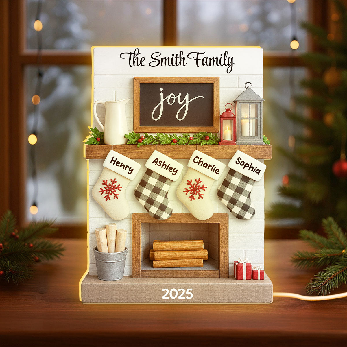 2025 Large Family Fireplace Mantle Tree Home Stocking Stuffer Christmas Gift Personalized LED Light Box