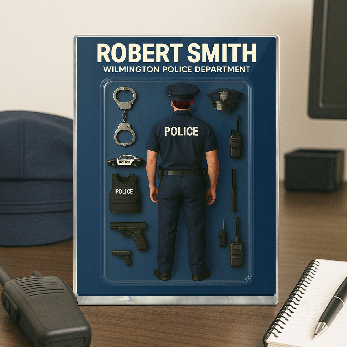 3D Effect Back View Police Officer Custom Figure Personalized Flat Rectangle Acrylic Block Plaque