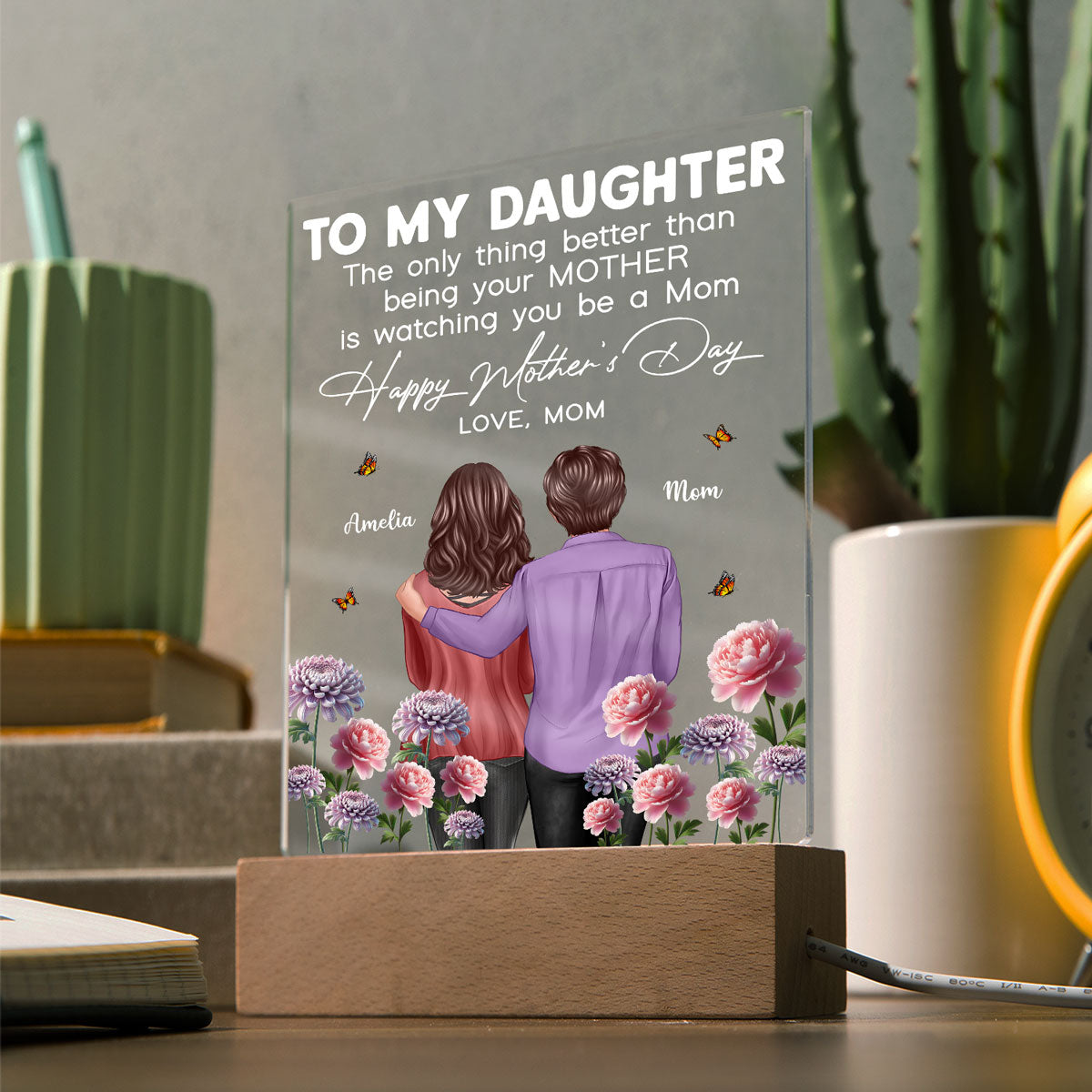 To My Daughter From Mom Happy Mother's Day Birth Flower Personalized Acrylic Plaque With LED Night Light, Gift For Daughter
