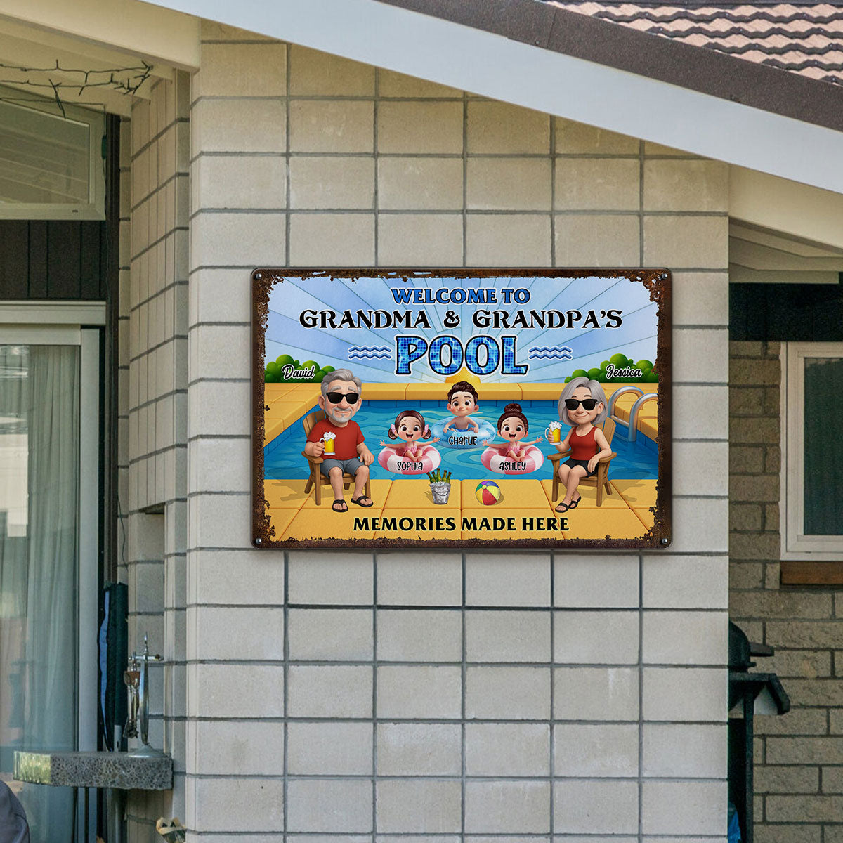 Grandparents Sitting with Grandkids Personalized Metal Sign, Grandparents Hosting Grandkids Summer Swimming Pool Sign