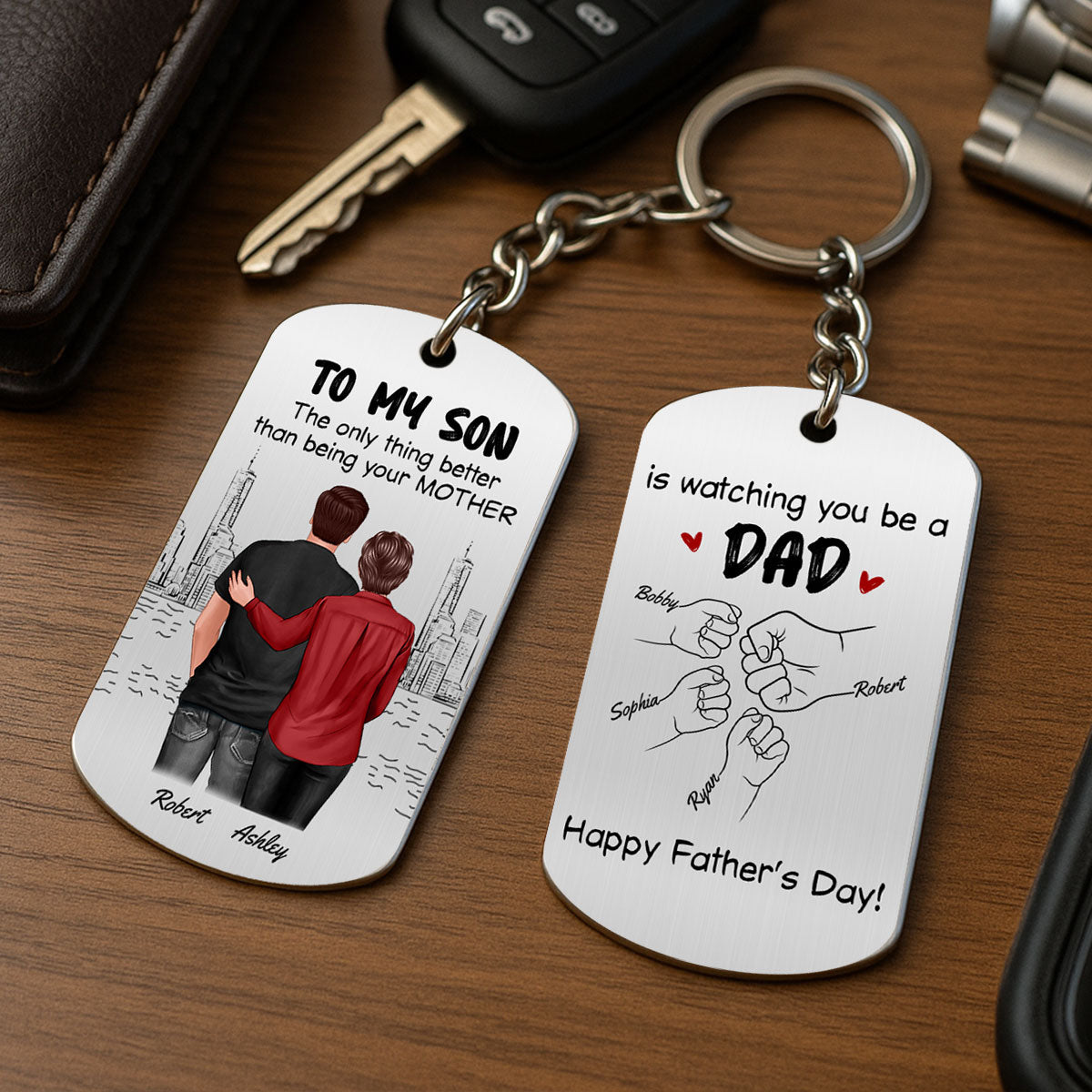 From Mom To Son Watching You Be A Dad Personalized Metal Keychain, Gift For Son