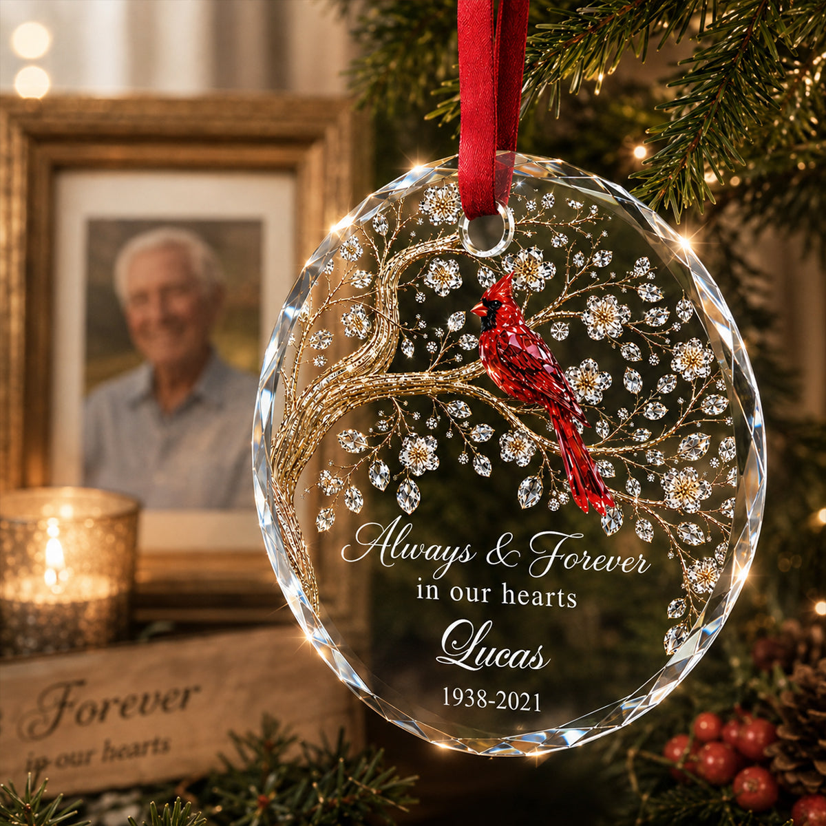 Always And Forever in Our Hearts - Personalized Glass Ornament - Heartfelt Memory Sympathy Keepsake for Loved Ones