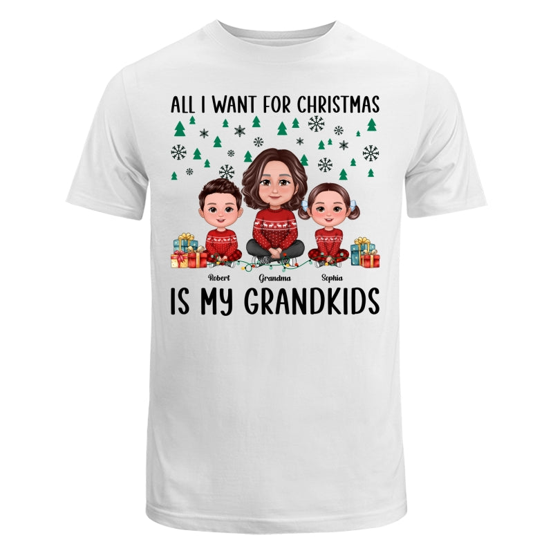 All I Want For Christmas Is My Grandkids Green Snow Flake Pine Tree Personalized Shirt