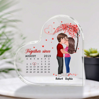 Doll Couple Kissing Under Red Heart Tree Calendar Anniversary Date Personalized Heart Acrylic Plaque