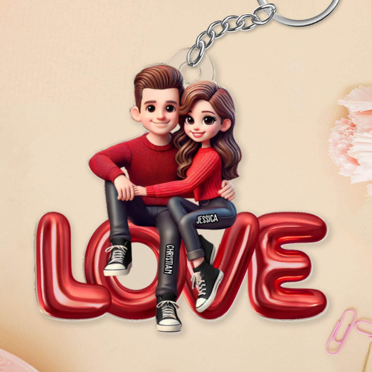 3D Effect Couple Sitting On LOVE Personalized Acrylic Keychain,  gift, Anniversary Gift for Couples