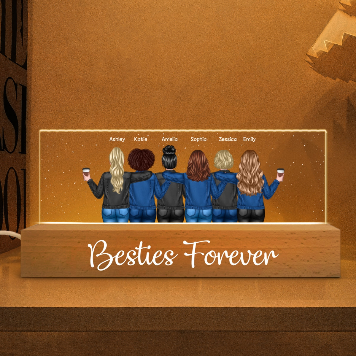 Back View Besties Personalized Acrylic Block LED Night Light, Gift For Best Friends, BFF
