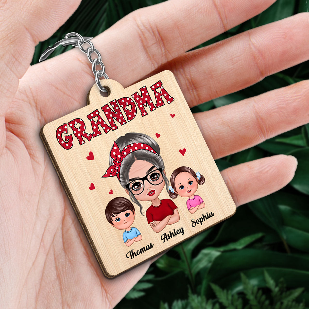 Polka Dot Pattern Grandma And Grandkids Personalized Wooden Keychain