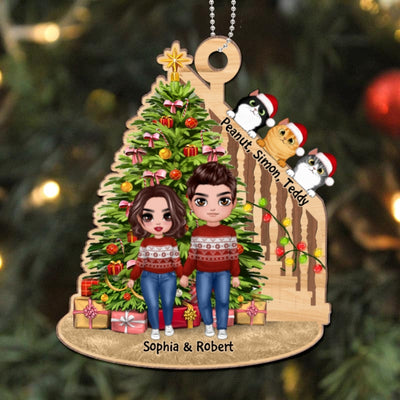 Couple And Cats Christmas Tree And Stair Personalized Wooden Ornament