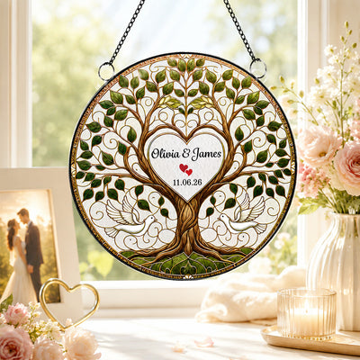 Wedding Tree Of Life With Doves - Personalized Acrylic Window Hanger - Wedding Keepsake, Anniversary Gift For Couples