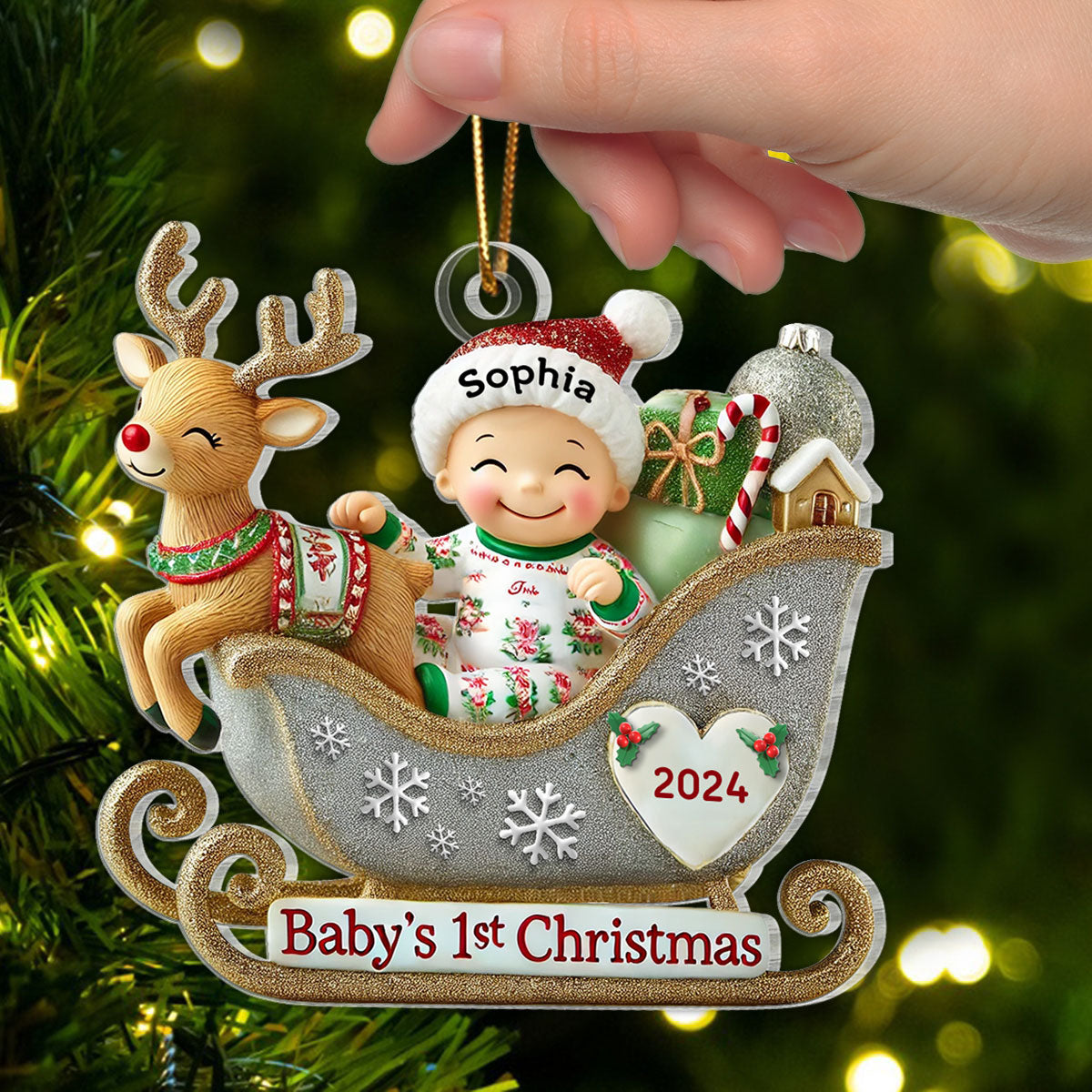 Baby First Christmas Newborn On Sleigh Keepsake - Personalized Acrylic Ornament
