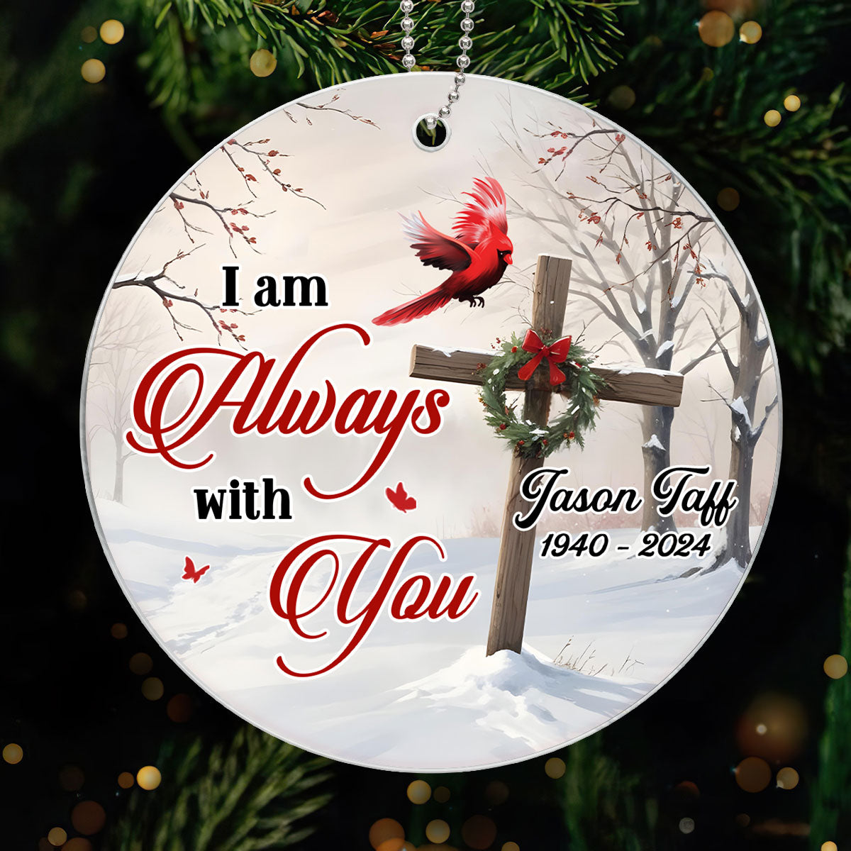 Cardinal Cross Christmas Wreath Personalized Acrylic Ornament, Christian, Jesus