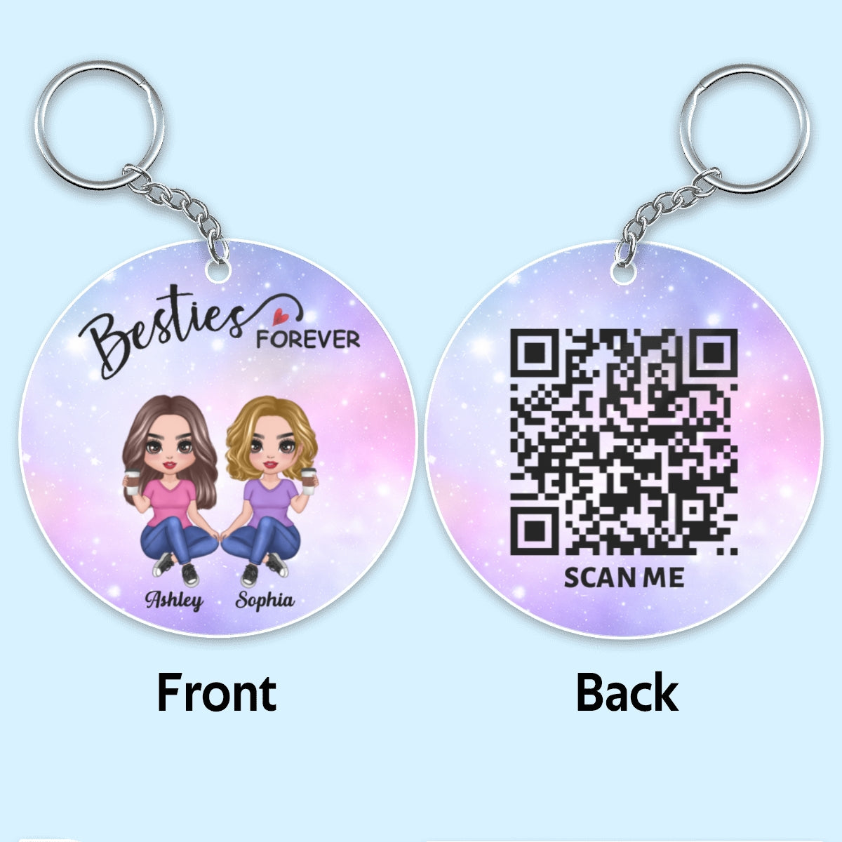 Besties Sisters Forever Pretty Women Sitting Favorite Song Scannable QR Code Personalized Acrylic Keychain