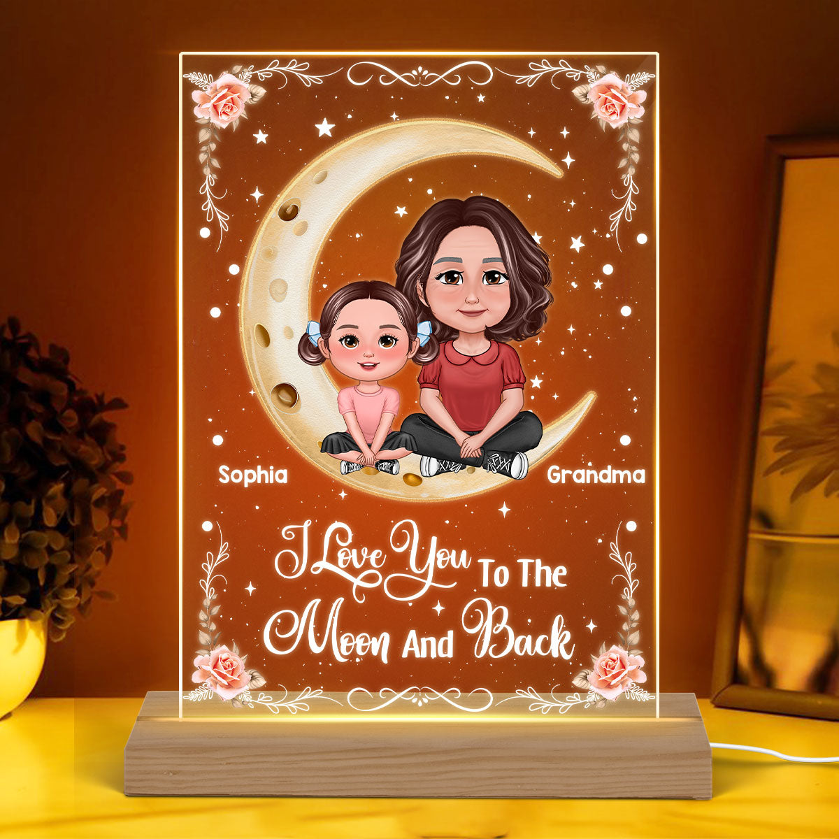 Grandma Grandkid Crossed Legs Sitting On Moon Personalized Acrylic LED Night Light
