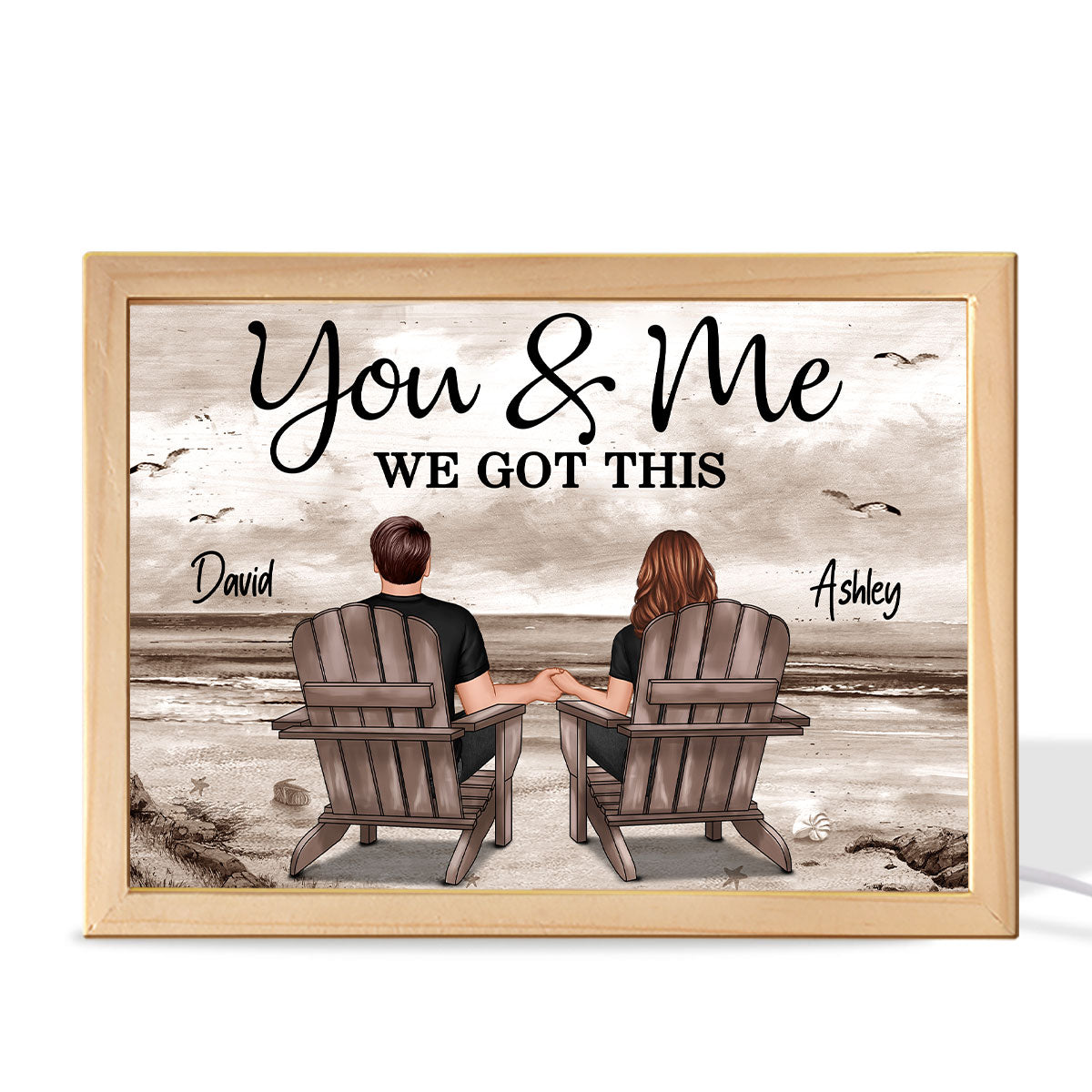 Back View Couple Sitting Beach Landscape Personalized Wooden Frame Light Box