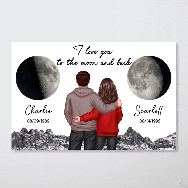 Back View Couple Custom Moon Phases I Love You To The Moon And Back Personalized Poster, Heartfelt Gift For Couple, For Him, For Her, Boyfriend, Girlfriend, Husband, Wife