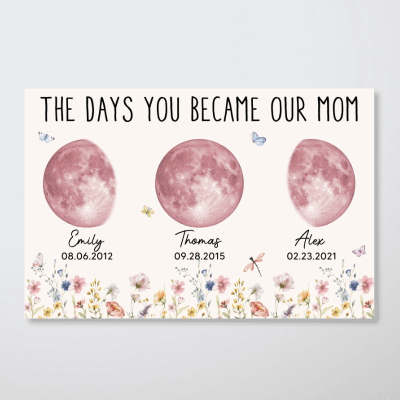 Wild Flowers The Day You Become Mom Grandma Custom Pink Birthday Moon Phase Personalized Poster