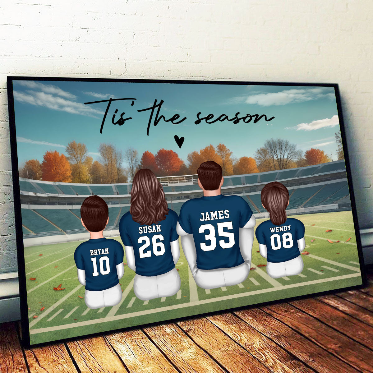 Fall Season Football Family Sitting Back View Personalized Poster, Meaningful Father's Day Gift for Dad, Gift for Husband