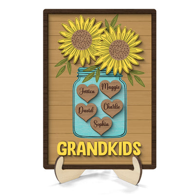 Grandkids Sunflowers Vase Hearts With Kids Names Personalized 2-layer Wooden Plaque