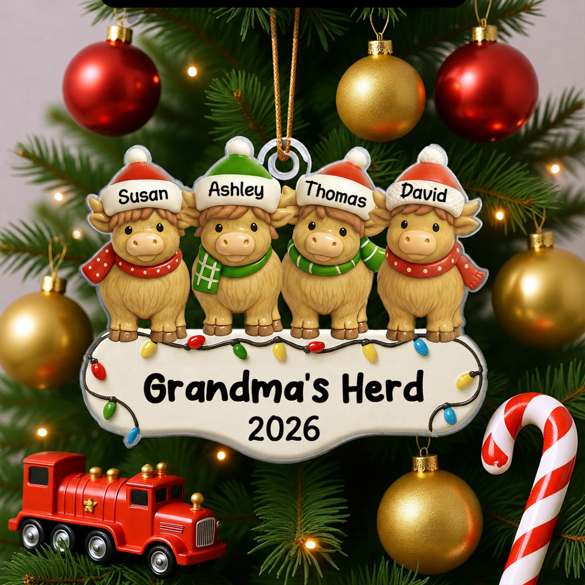 3D Effect Highland Cows Grandma's Herd For Christmas Personalized Acrylic Ornament, Christmas Decor For Grandma