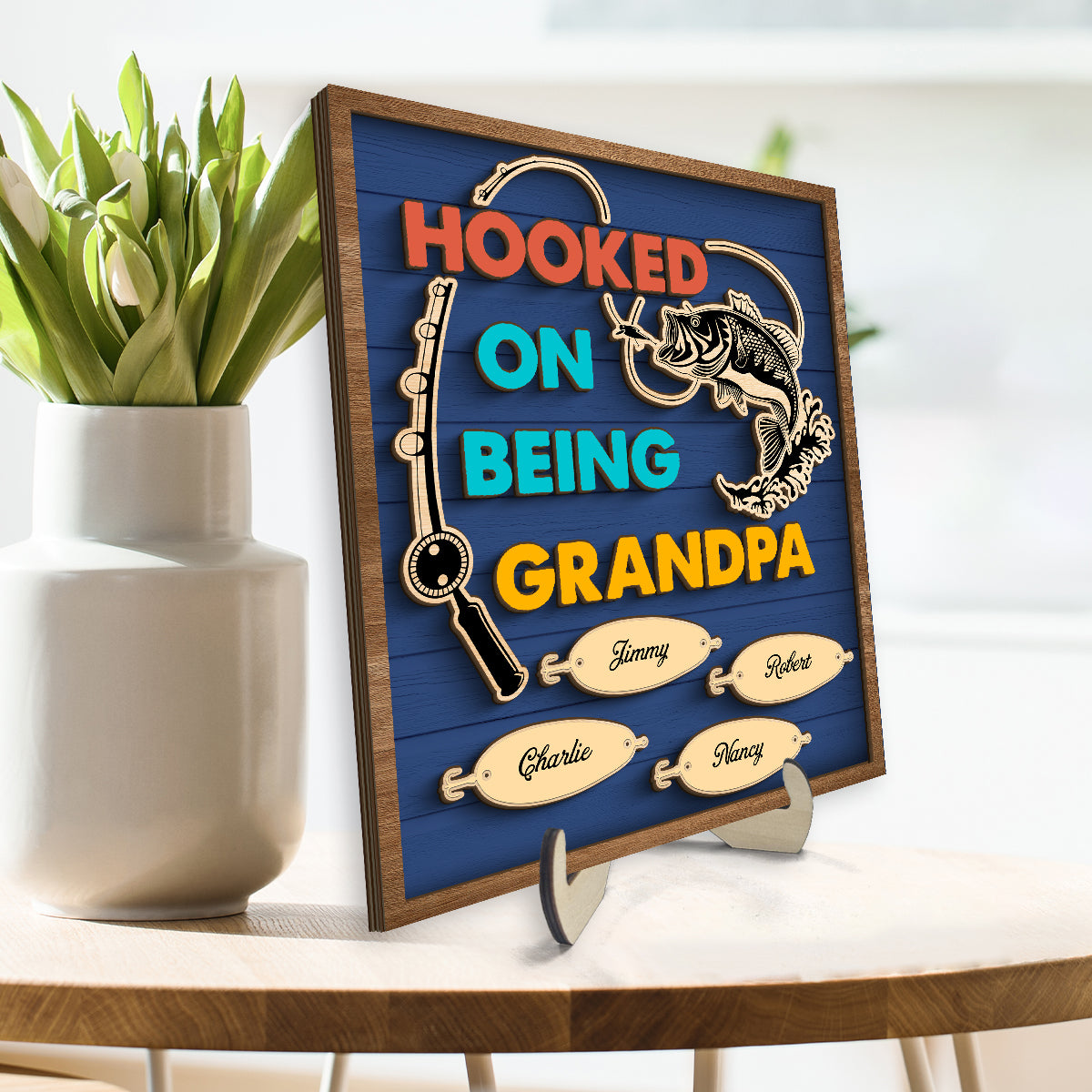 Hooked On Being Grandpa Fishing Personalized 2-Layer Wooden Plaque