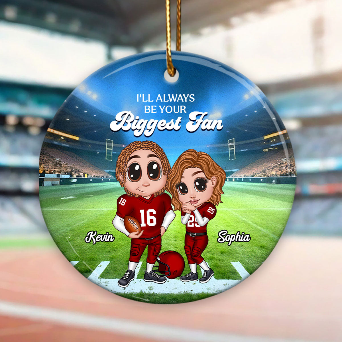 Always Your Biggest Fan American Football Couple Y2K Style Personalized Circle Ceramic Ornament