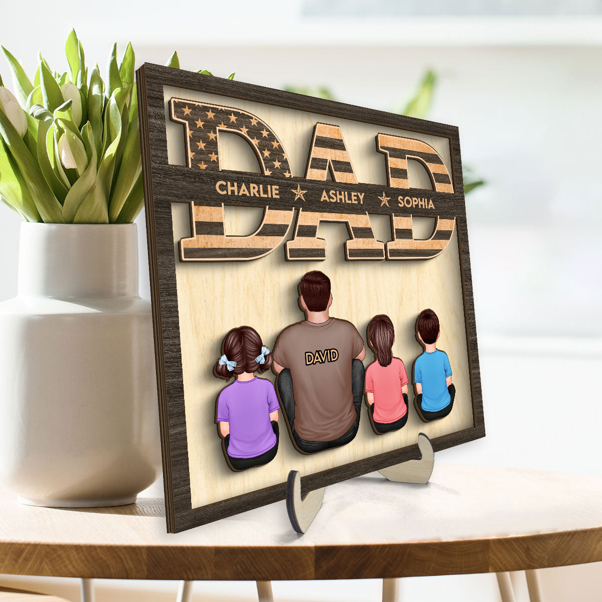 Dad We Love You Flag Man & Kids Sitting Back View Personalized 2-Layer Wooden Plaque