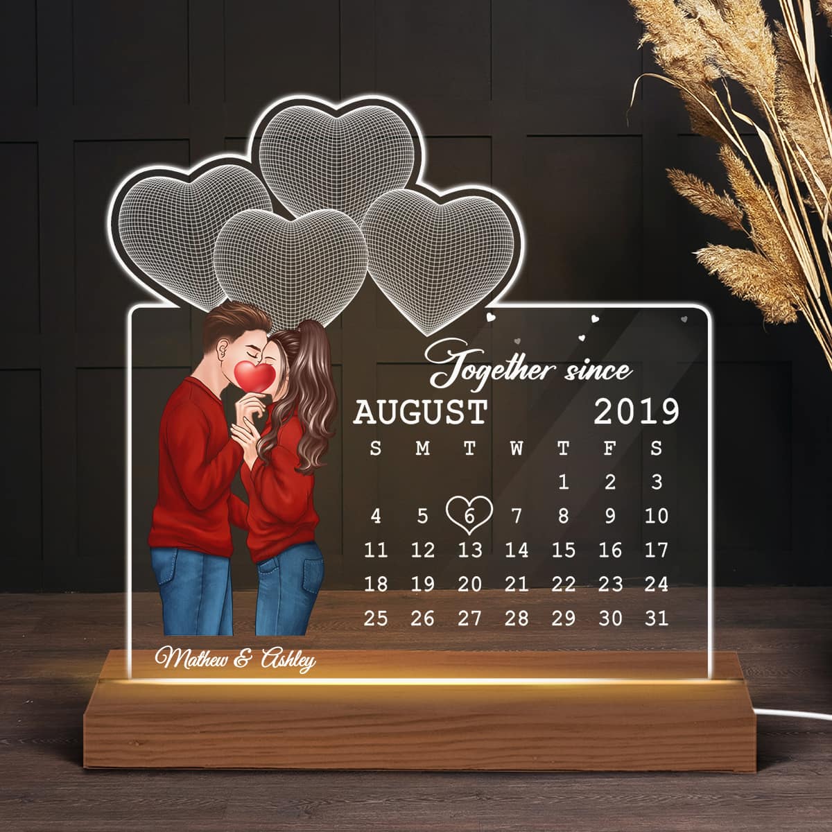 Couple Kissing Behind Heart Under 3D Heart Anniversary Date Calendar Personalized Custom Shape Acrylic Plaque With LED Night Light - Anniversary Gift For Couple - Gift For Him Gift For Her