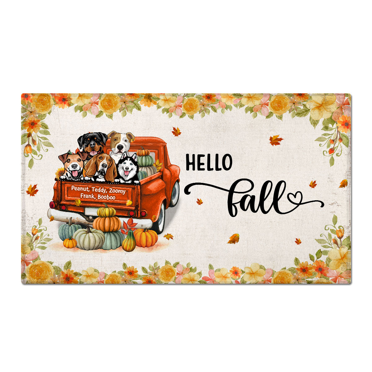 Hello Fall Dogs On Truck Personalized Doormat