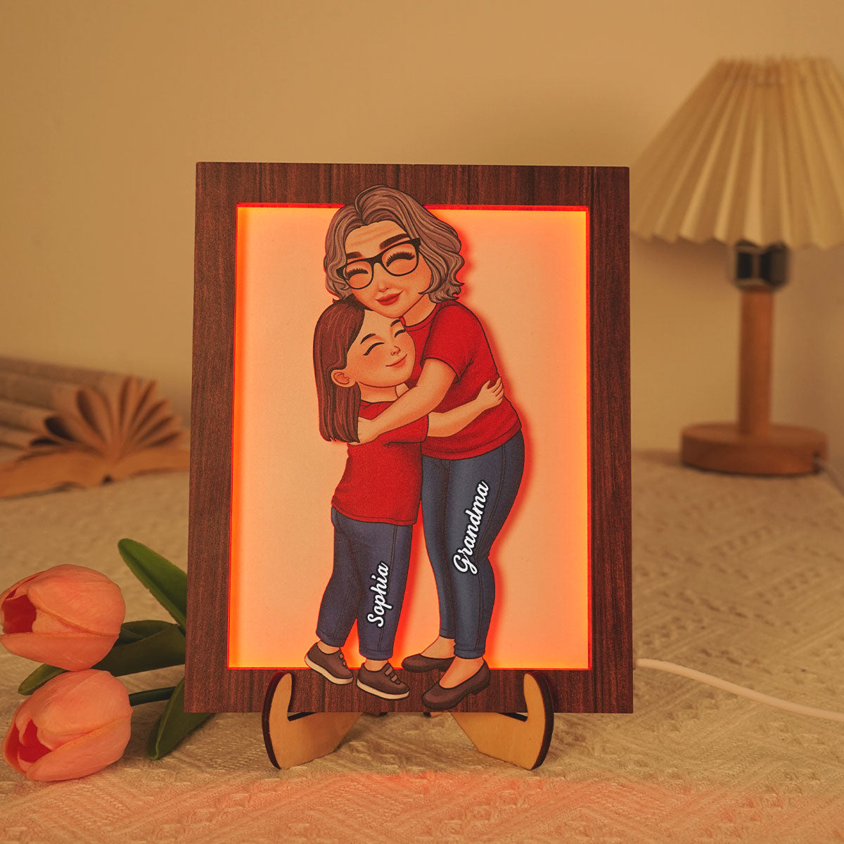 Grandma Grandkid Hugging Personalized 2-Layered Wooden Plaque With LED, Gift for Grandma, Mother's Day