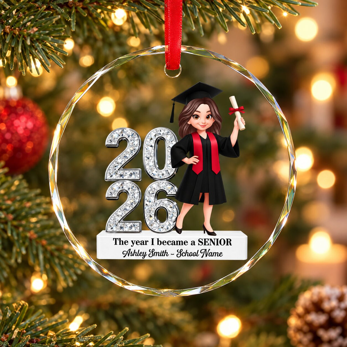 The Year I Became A Senior - Personalized Glass Ornament - Christmas Gift For Seniors, Daughter, Son, Granddaughters, Grandsons