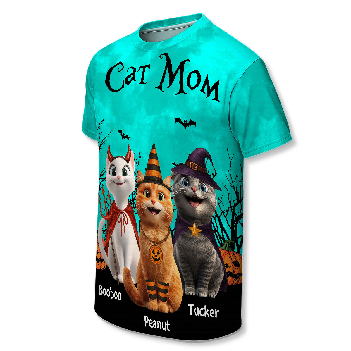 Cat Mom Halloween Moon Light Bat Tree Cartoon Cat Personalized Shirt, Purrfect Costume for Cat Lover