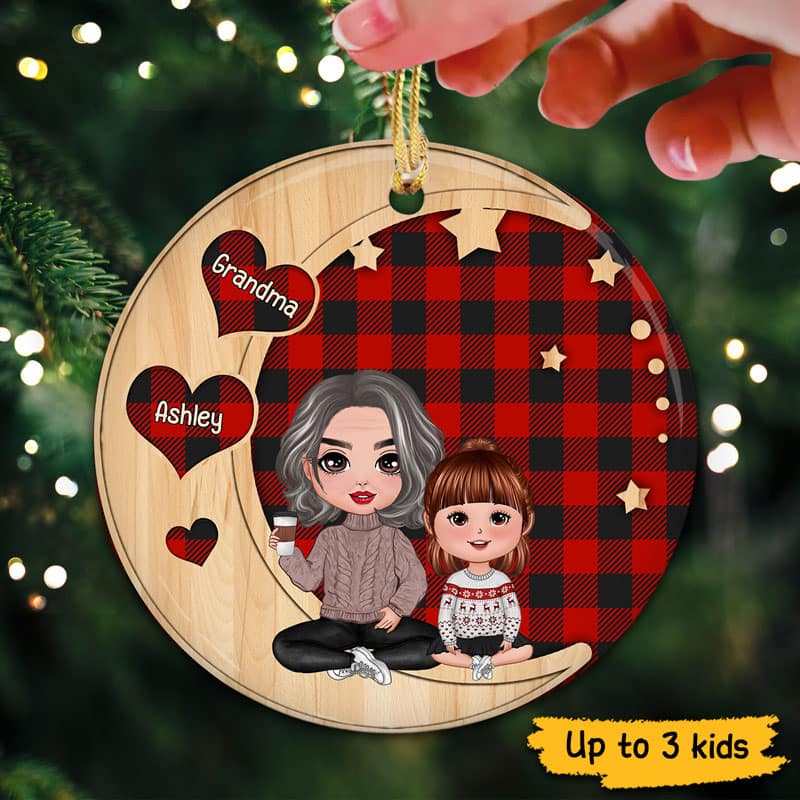 Doll Grandma Grandkids Checkered Hearts Personalized Ornament